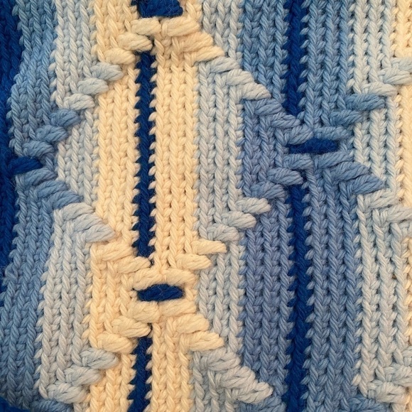 KNIT WOVEN BLACK & BLUE PATTERNED RECTANGLE WITH FRINGE - Picture 2 of 7